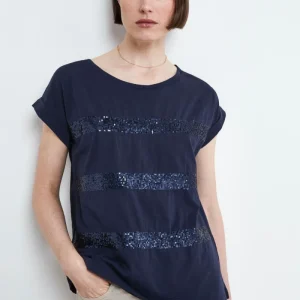T-shirt con Strass in Cotone - NAVY
