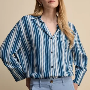 Camicia Over Scollo a V - BLU RIGATO