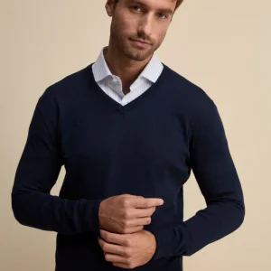 Maglia scollo a V in cotone con Bordi Lavorati - BLU