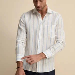 Camicia Lino Collo Francese con Taschino - RIGATO BIANCO/AZZURRO
