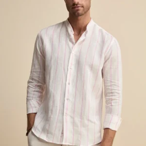 Camicia Lino Coreana Custom Fit - RIGATO BIANCO/ROSA
