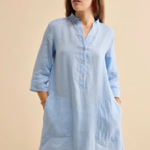 Abito Chemisier Midi in Lino con Collo Coreana - AZZURRO