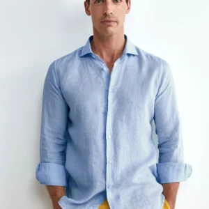 Camicia azzurra in Lino Slim Fit - AZZURRO