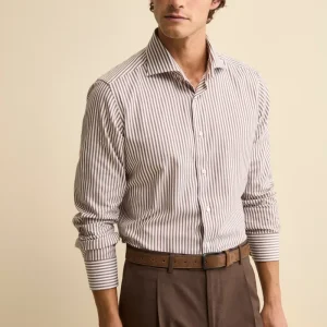 Camicia Slim Fit in Cotone con Collo Francese - MARRONE RIGATO
