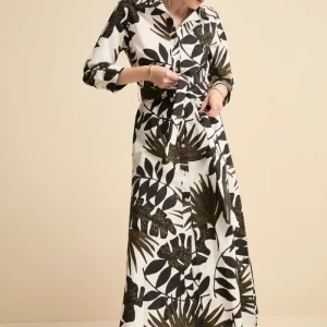 Abito Floreale in Popeline con Cintura - FANT. BIANCO/NERO