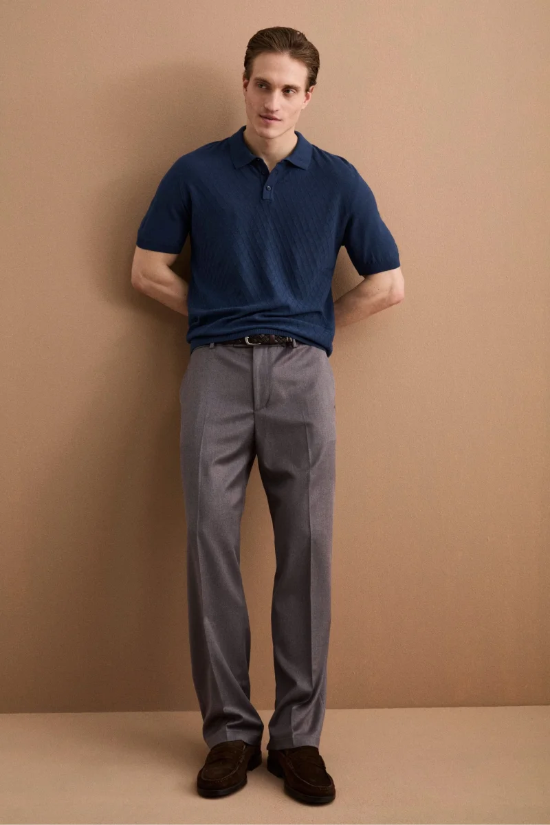 Polo Mezza Manica a Rombi in Cotone Crêpe - BLU CHIARO