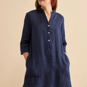 Abito Chemisier Midi in Lino con Collo Coreana - NAVY