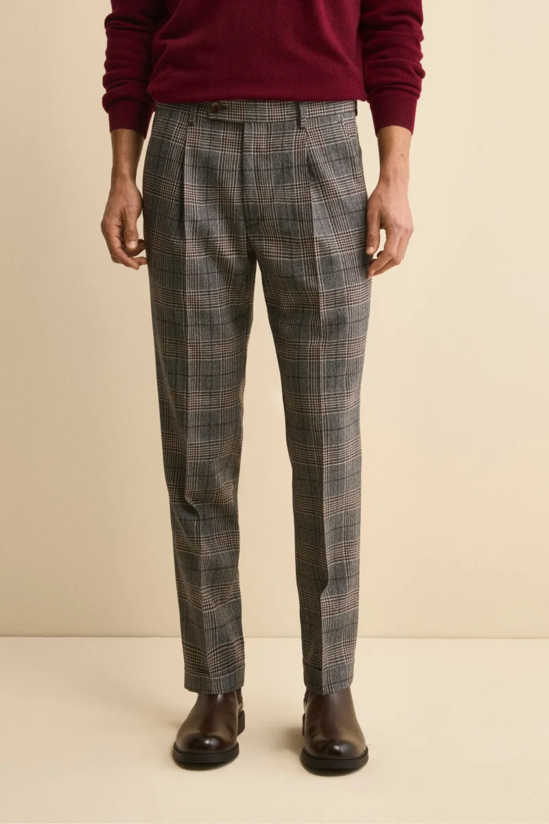 Pantalone Check in Lana con Pinces e Risvolto - GALLES MARRONE - immagine 2
