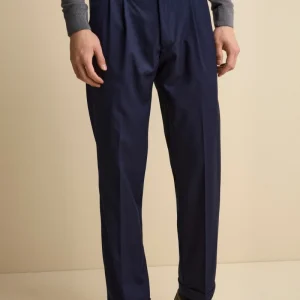 Pantalone Straight in Misto Lana con Pinces e Risvolto - BLU