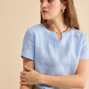 Blusa Morbida Girocollo in Lino - AZZURRO