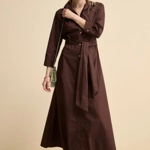 Abito Chemisier Lungo in Popeline con Cintura - MARRONE