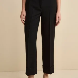 Pantalone a Gamba Larga con Risvolto in Misto Lana - NERO