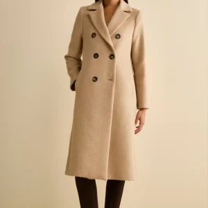 Cappotto Doppiopetto Foderato Lungo in Misto Lana - PANNA