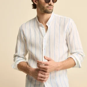 Camicia Lino Coreana Custom Fit  - RIGATO BIANCO/AZZURRO