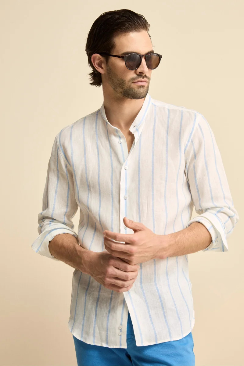 Camicia Lino Coreana Custom Fit - RIGATO BIANCO/AZZURRO - immagine 2