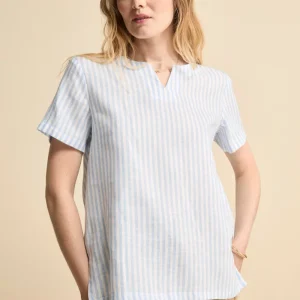 Blusa Over Girocollo in Lino - AZZURRO RIGATO