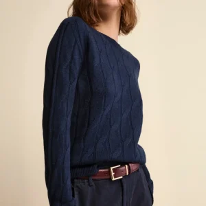 Maglia Girocollo a Trecce in Lana Merino - NAVY