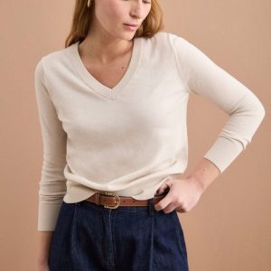 Maglia Boxy in Cotone con Scollo a V - NATURALE