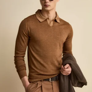 Polo derby in lana merino - TABACCO