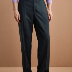 Pantalone Gamba Larga in Misto Lana con Piega - VERDE