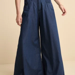 Pantalone Gamba Larga in Cotone Chambray - DENIM