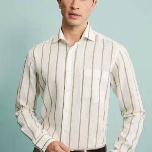 Camicia Lino Collo Francese con Taschino - RIGATO BIANCO/VERDE