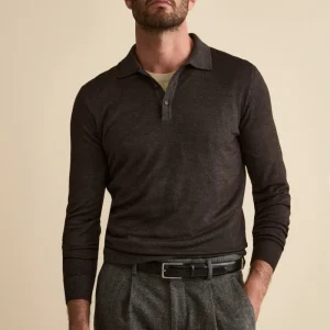Polo in Maglia con Bottoni in Lana Merino - MARRONE