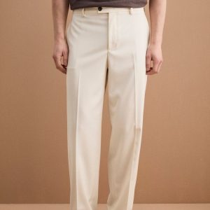 Pantalone Gamba Larga in Misto Lana con Piega - LATTE