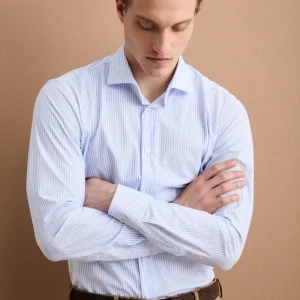 Camicia Custom Fit a Righe in Tessuto Tecnico - AZZURRO RIGATO