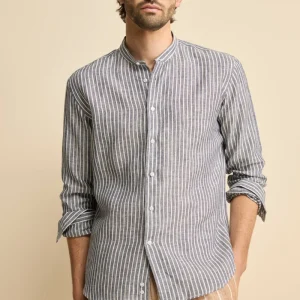 Camicia Rigata Custom Fit con Collo Coreana in Lino - BLU RIGATO