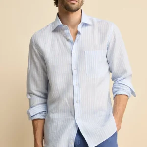 Camicia Fantasia con Taschino Custom Fit in Lino - AZZURRO RIGATO
