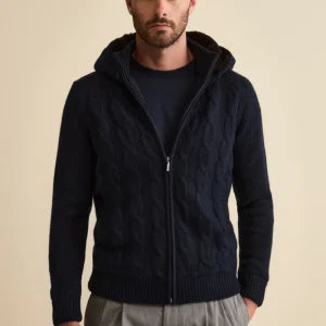 Bomber in Cashmere con Cappuccio e Pelliccia - BLU