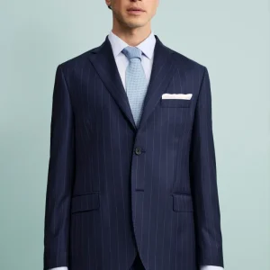 Abito Gessato Monopetto Comfort Fit in Lana Vergine - BLU APERTO GESSATO