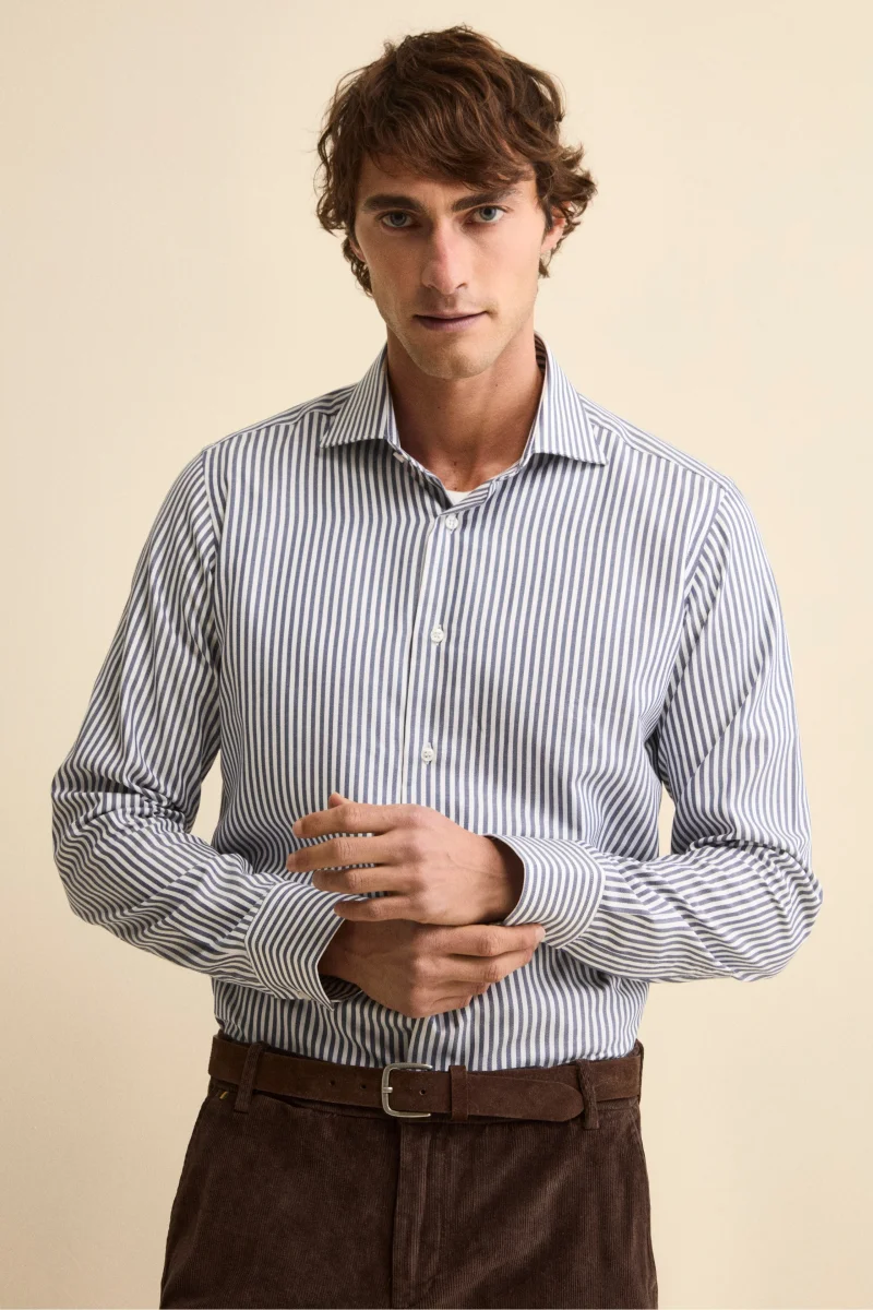 Camicia Slim Fit in Cotone con Collo Francese - BLU RIGATO - immagine 2