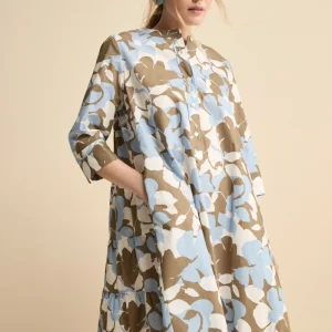 Abito Midi Floreale in Popeline - FANT. BIANCO/AZZURRO