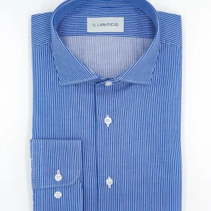 Camicia Twill in Fantasia Custom Fit - RIGATO MICRO BLU