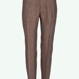 Pantalone Slim Fit in Lino con Pieghe - MARRONE
