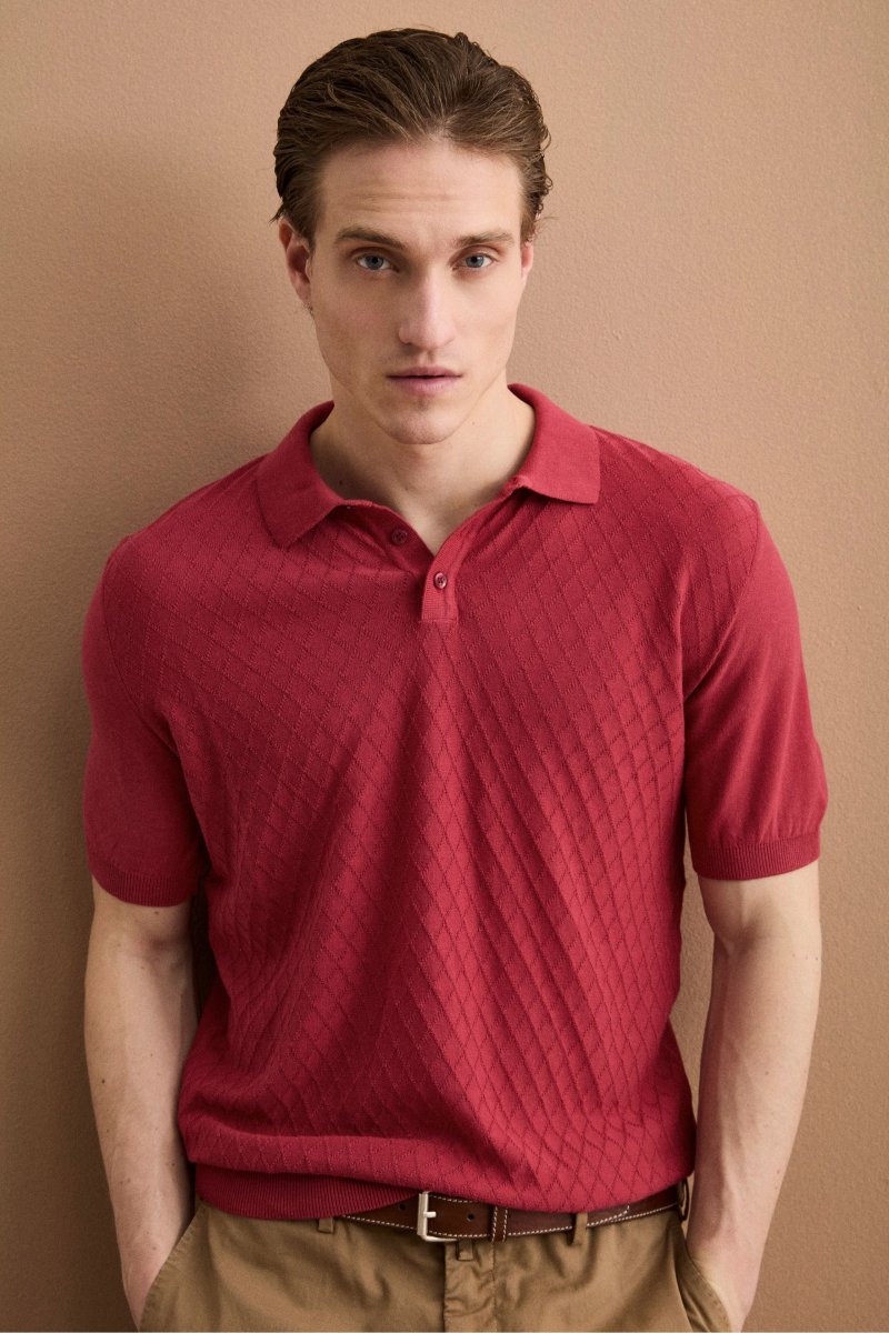 Polo Mezza Manica a Rombi in Cotone Crêpe - GERANIO - immagine 2