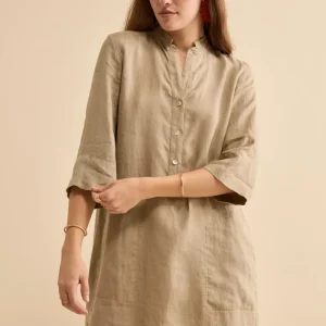 Abito Chemisier Midi in Lino con Collo Coreana - TORTORA