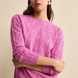 Maglia Girocollo a Trecce in Lana Merino - FUXIA