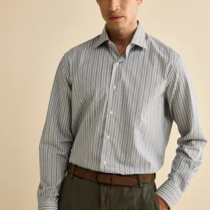 Camicia Fantasia Custom Fit con Collo Francese in Cotone - RIGATO BLU/VERDE