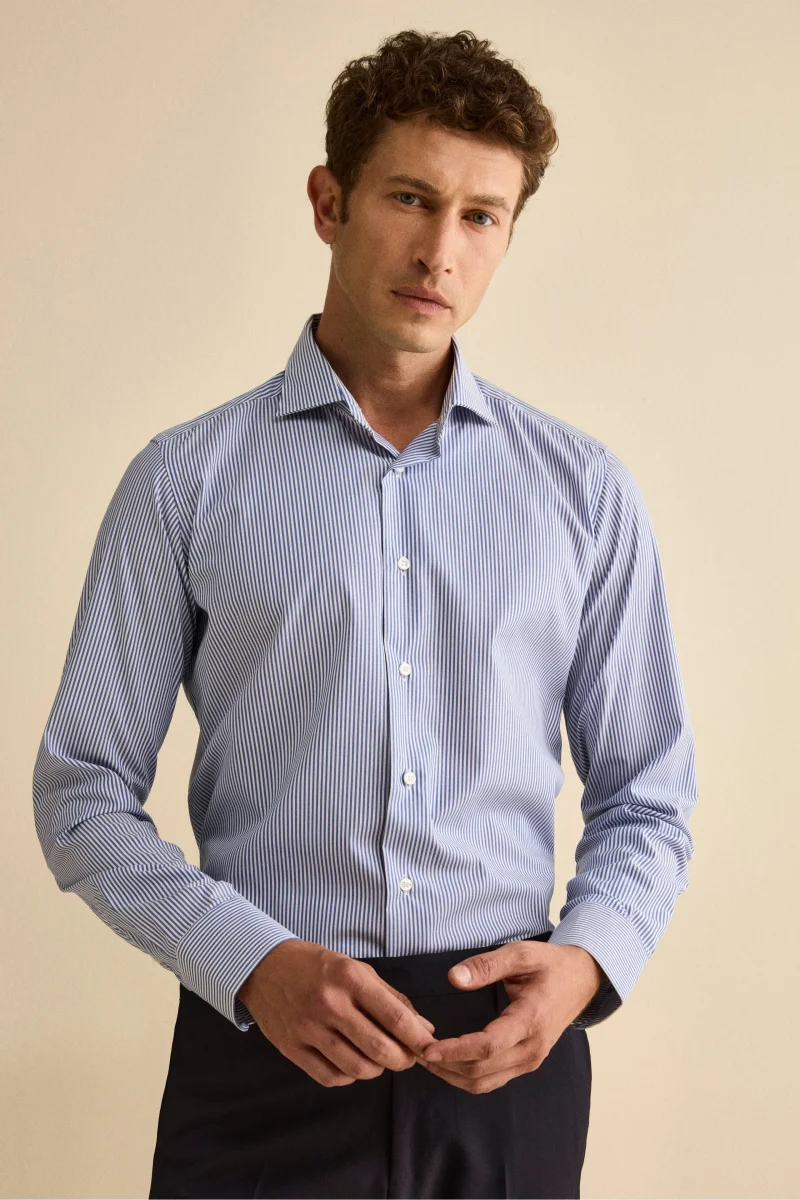 Camicia Slim Fit No Iron in Cotone - BLU RIGATO - immagine 2