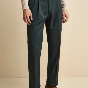 Pantalone Straight in Misto Lana con Pinces e Risvolto - VERDE SCURO