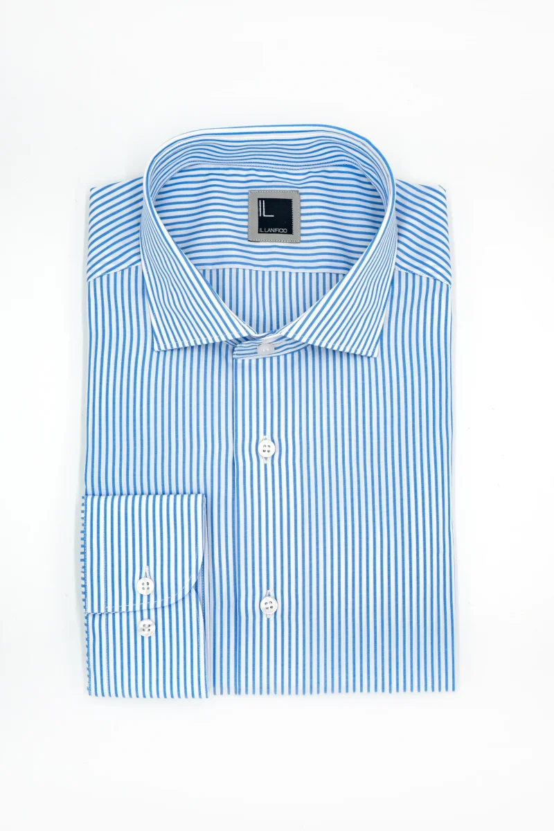 Camicia Slim Fit a Righe con Collo Francese - AZZURRO RIGATO