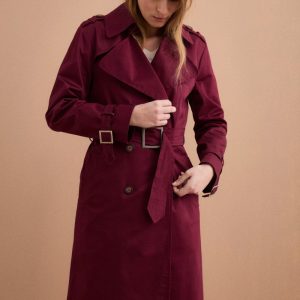 Trench Lungo Doppiopetto Foderato con Cintura - BORDEAUX