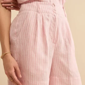 Bermuda in Lino a Righe con Bottoni - ROSA RIGATO