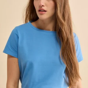 T-Shirt Girocollo in Cotone Elasticizzato - AZZURRO