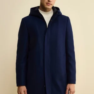 Cappotto Twill in Misto Lana con Zip e Cappuccio - BLU