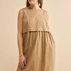 Abito Midi Smanicato in Tela - CAMMELLO