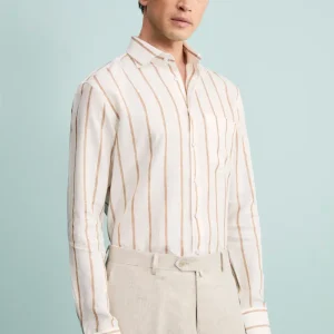 Camicia Lino Collo Francese con Taschino - RIGATO BIANCO/MARRONE